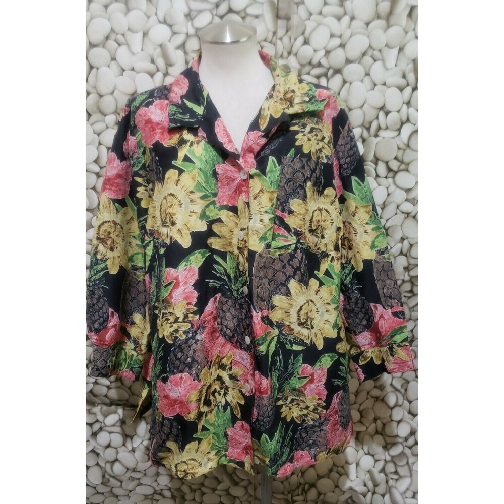 Silk Collection Blouse Plus Size 20 Floral Black Yellow Pink Button Top Tropical